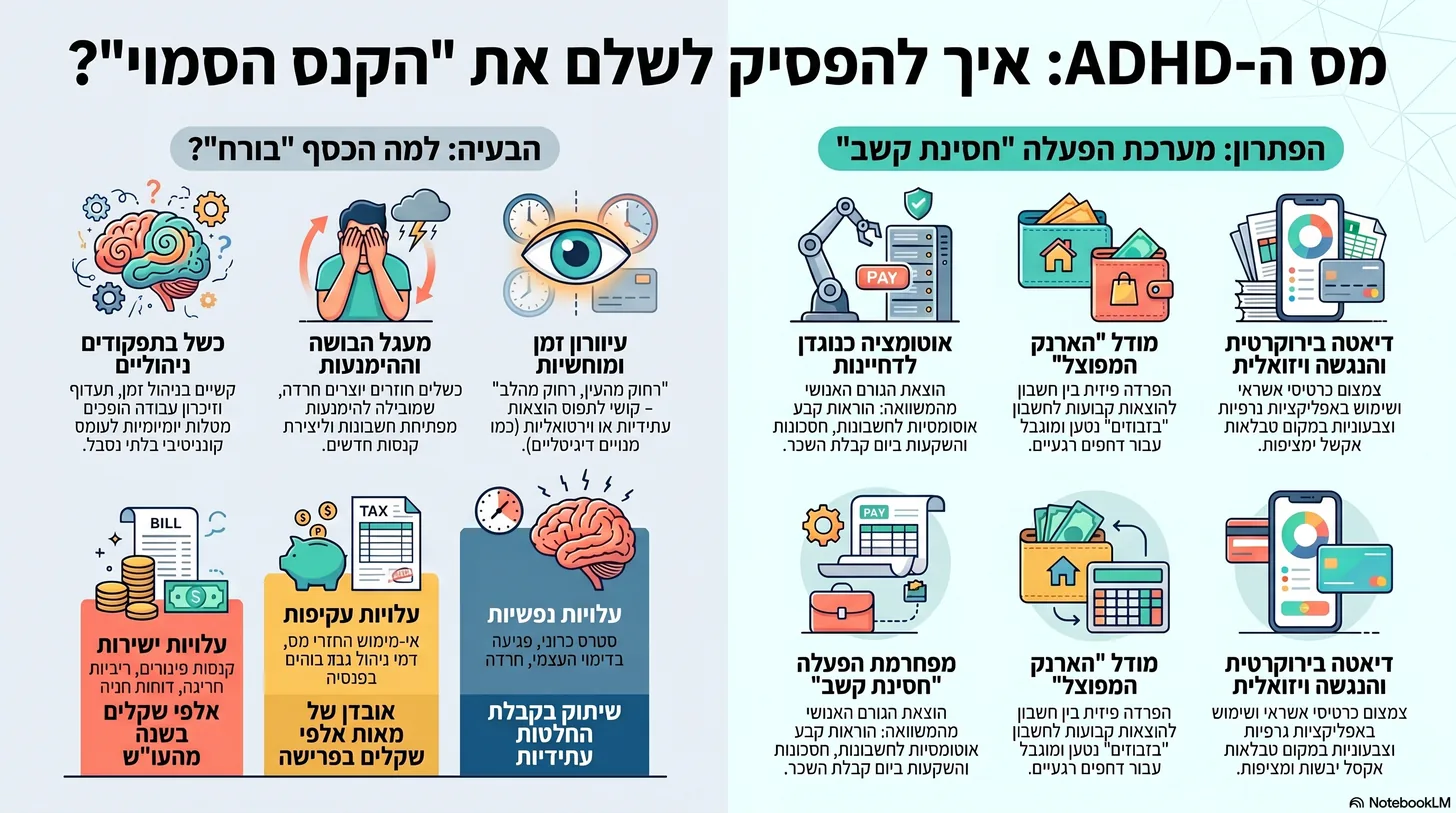 אינפוגרפיקה — מס ה-ADHD: צד הבעיה (כשל בתפקודים ניהוליים, מעגל הבושה וההימנעות, עיוורון זמן; עלויות ישירות, עקיפות ונפשיות) מול צד הפתרון (אוטומציה, מודל הארנק הממופה, דיאטה בירוקרטית והנגשה ויזואלית).