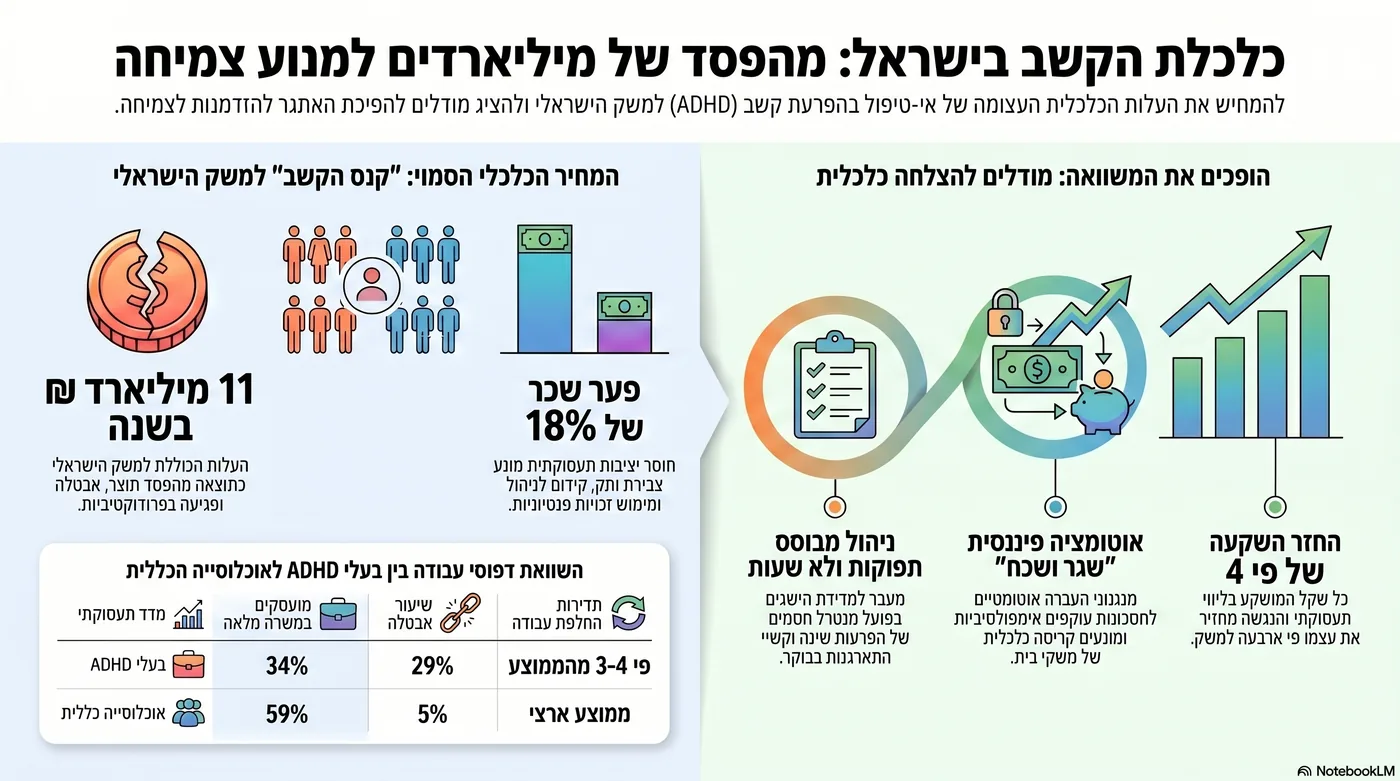 אינפוגרפיקה: כלכלת הקשב וריכוז בישראל, עלות שנתית למשק, פערי תעסוקה ושכר, ומודלים תעסוקתיים ופיננסיים שנבחנו בישראל להצרת הפער.
