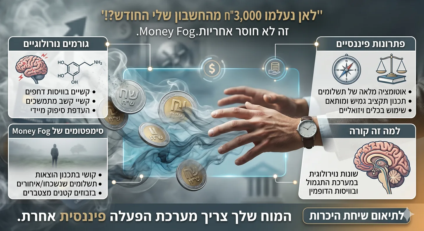 אינפוגרפיקה — ערפל כספי (Money Fog): גורמים נוירולוגיים, סימפטומים, ולמה זה קורה, מול פתרונות פיננסיים (אוטומציה, תכנון תקציב גמיש, שימוש בכלים ויזואליים).