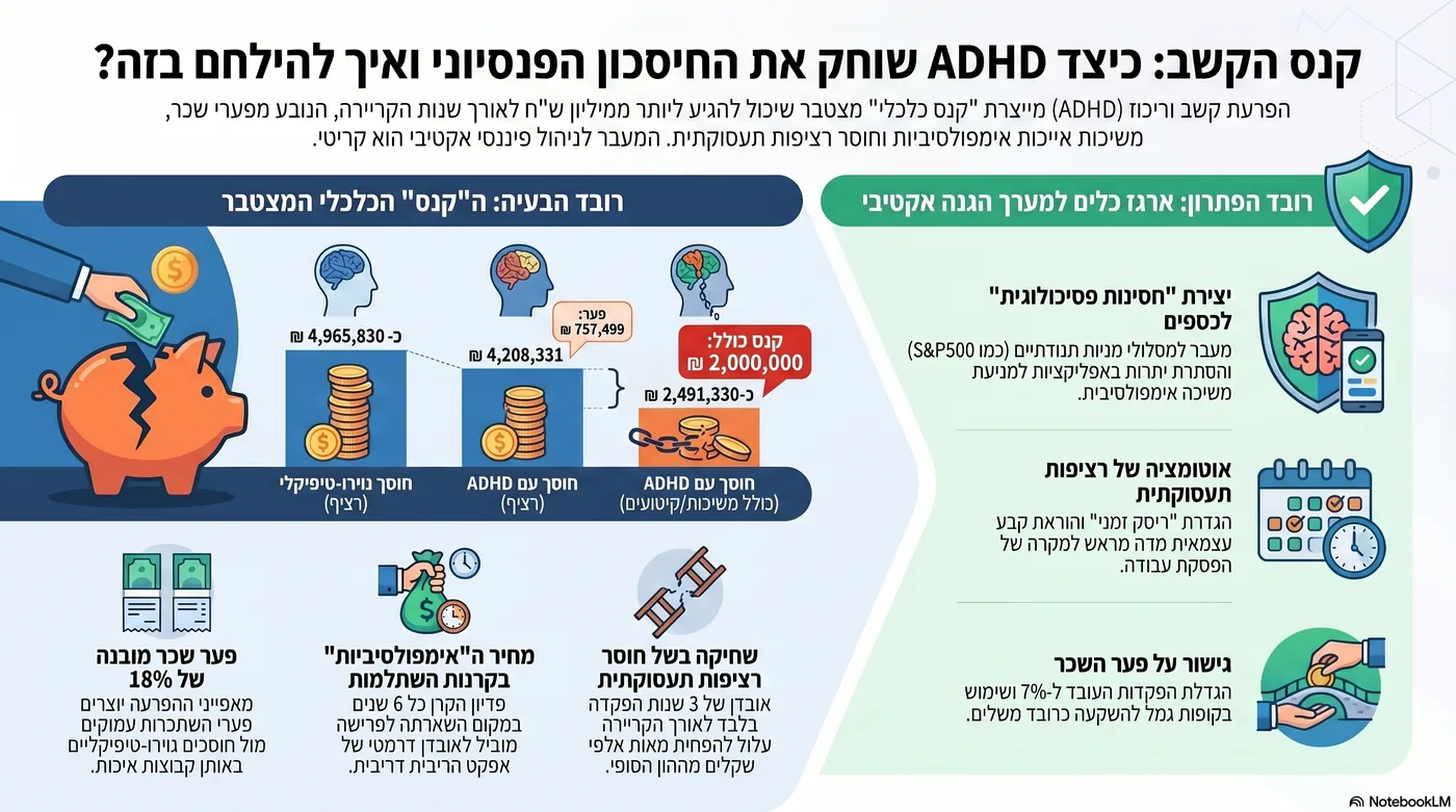 אינפוגרפיקה: עלות הפיזור הפנסיונית של ADHD, שלושה רבדים (פער שכר, משיכת קרן השתלמות כל שש שנים, הפסקות תעסוקה) והפער המצטבר בגיל הפרישה בשלוש רמות שכר.
